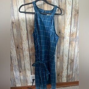 Blue jean striped tank top dress with a tie belt around the waist